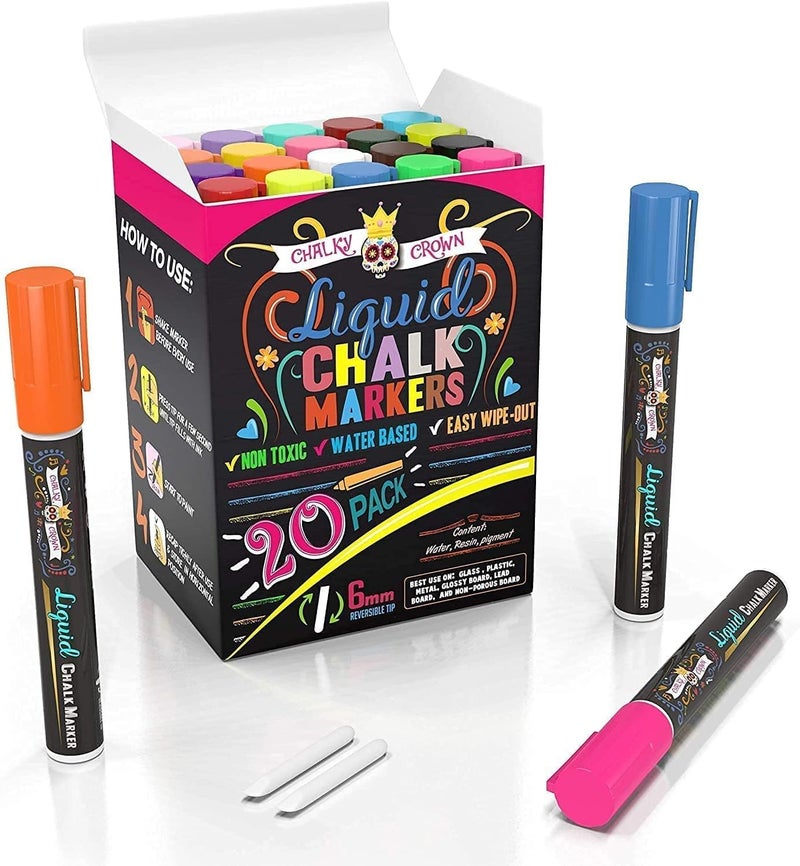 CHALKY CROWN Bold Chalk Markers - Dry Erase Marker Pens - Liquid Chalk Markers for Chalkboards, Signs, Windows, Blackboard, Glass - Reversible Tip (20 Pack) - (Multicolored, 6mm) - Image 5